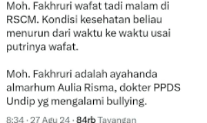 Postingan di X yang menyatakan ayah dokter aulia meninggal