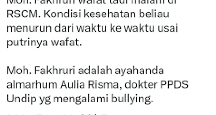 Postingan di X yang menyatakan ayah dokter aulia meninggal