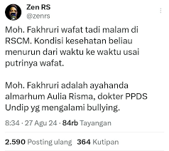 Postingan di X yang menyatakan ayah dokter aulia meninggal